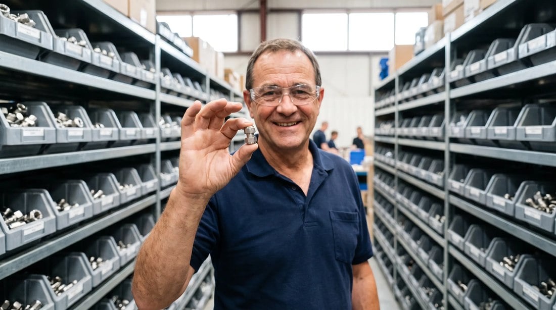 Parts specialist holding a stainless steel tube fitting in an inventory room
